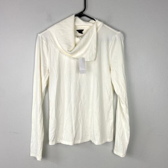 Ann‎ Taylor Foldover Draped Neck Top White Long Sleeve Ribbed Knit Size Small - Picture 1 of 9